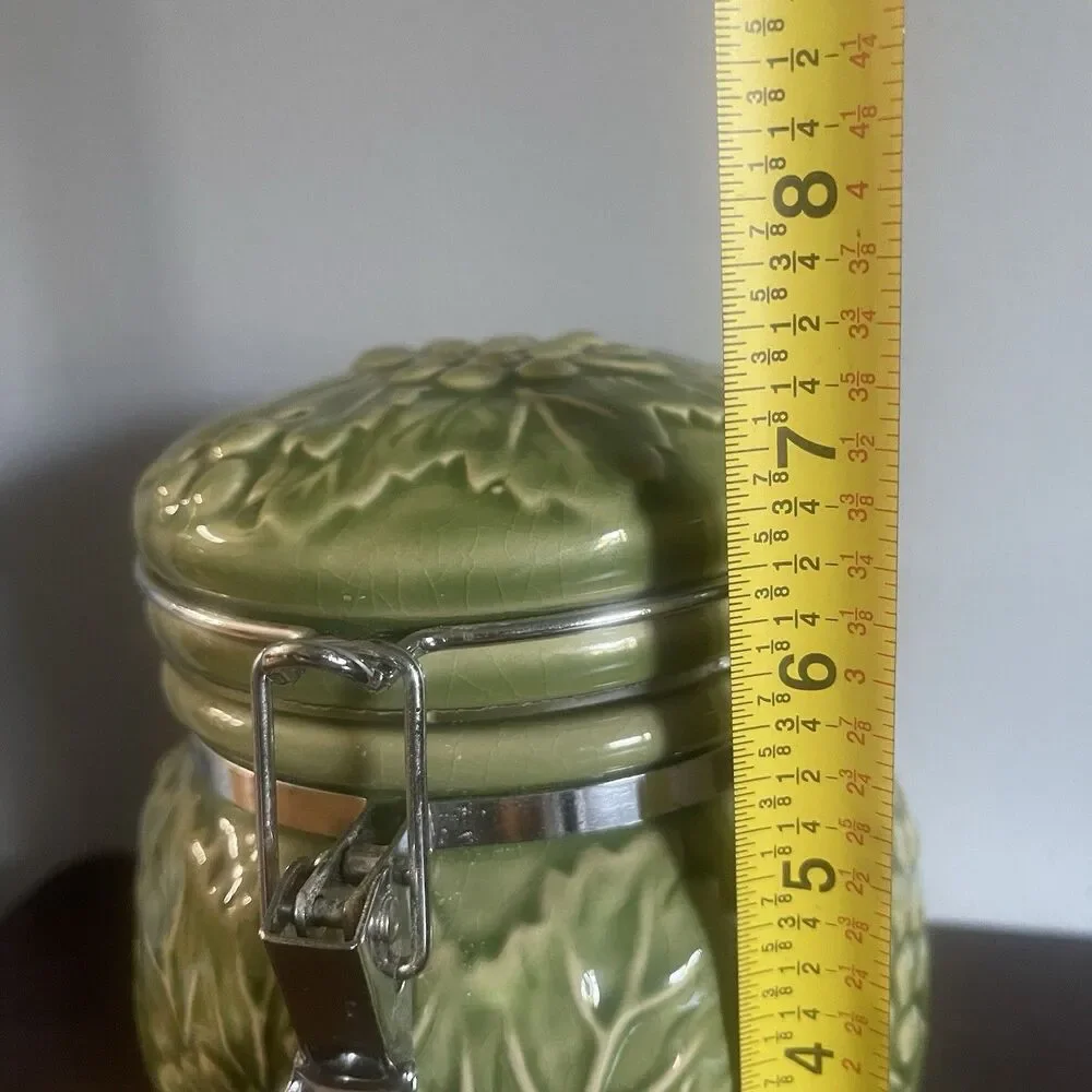 Vintage Majolica Style Green Ceramic Canister With Clasp And Grapes Design 7.5in